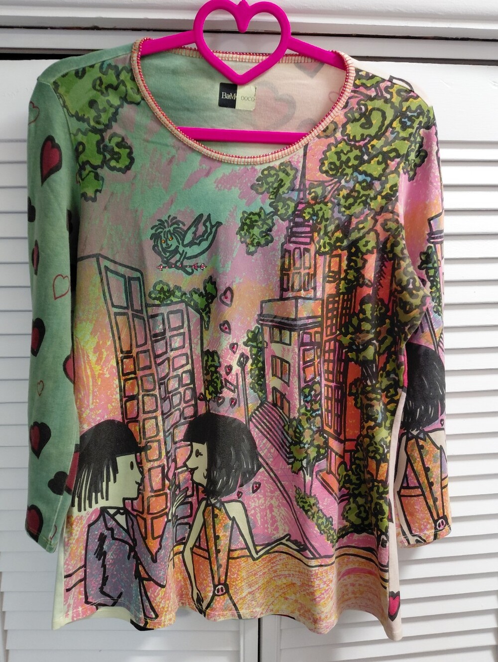 Bamboo Co Boho Pink & Green Printed Women’s Top Shirt With Rhinestones
